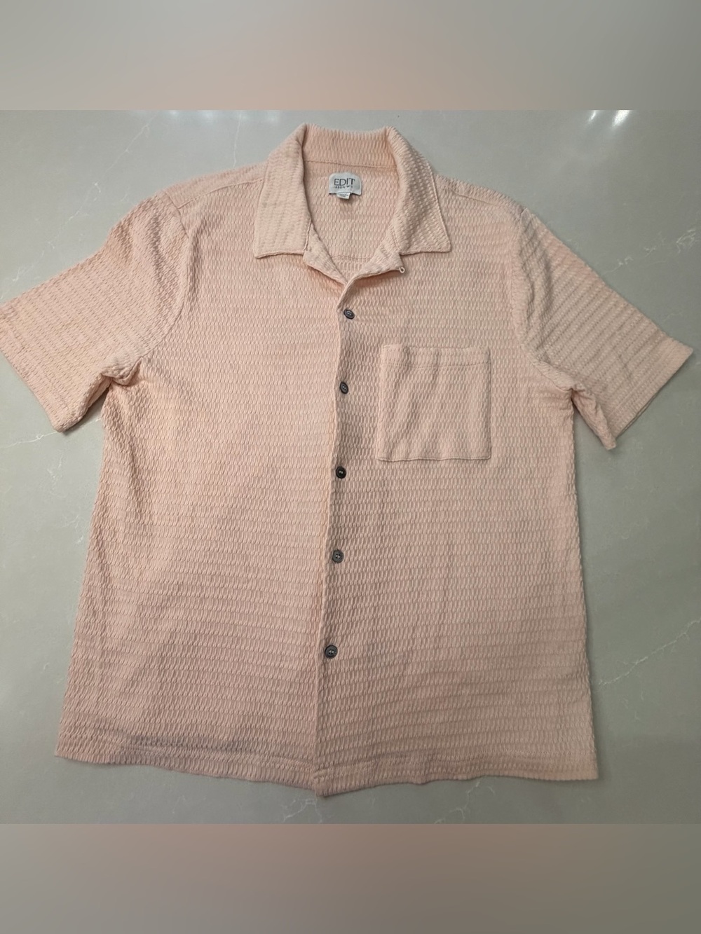 EDIT Jason Wu Mens Peach Pink Seersucker Camp Collar Short Sleeve Button Up, M